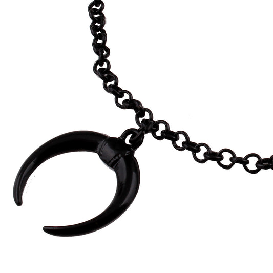 Black horn pendant on a chain against a white background