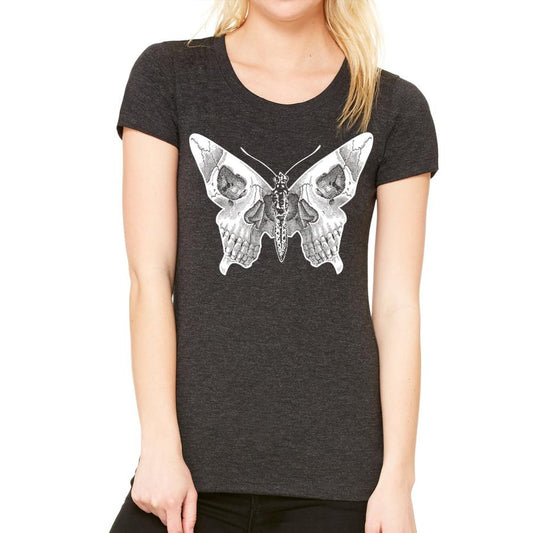 Deathwing Butterfly Skull Tee in black, front styling view