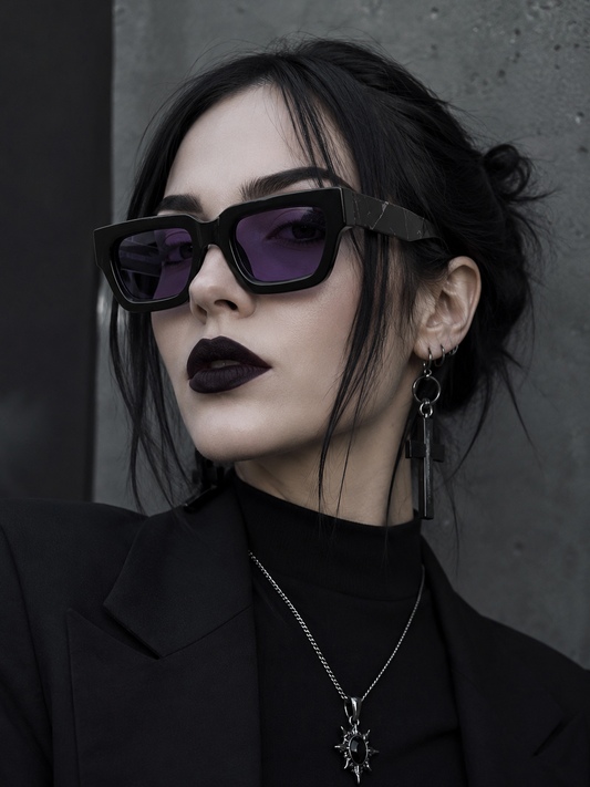 Off the Record Sunglasses in black with purple lenses, styling view