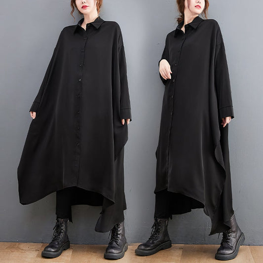 Raven Drape Oversized Black Shirt Dress, alternate front styling view