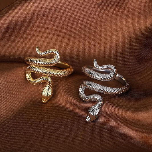 Viper's Gaze Adjustable Snake Ring in gold and silver, alternate colour view