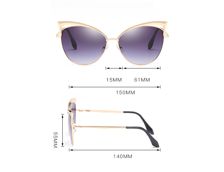 Gold cat-eye sunglasses with gradient purple lenses, shown from the front and side with dimension markings for 150mm width, 61mm bridge, 140mm temple width, and 59mm arm height.