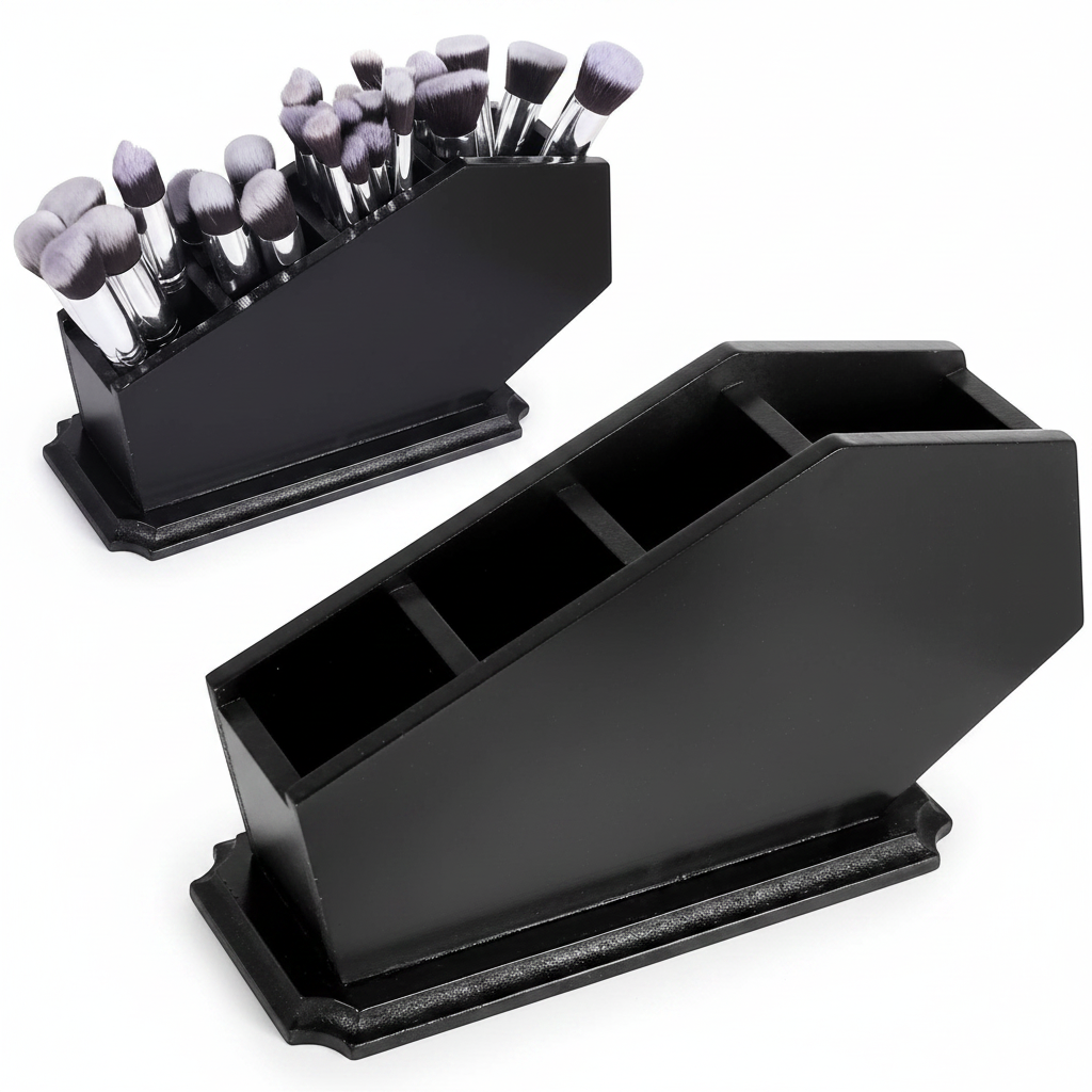 CEFRECO Coffin Brush Holder - Gothic Wooden Makeup Organizer for Vanity - Spooky Halloween Decor for Bathroom Living Room or Bedroom - Witchy Gifts for Women -Black - 11x6x4 Inches
