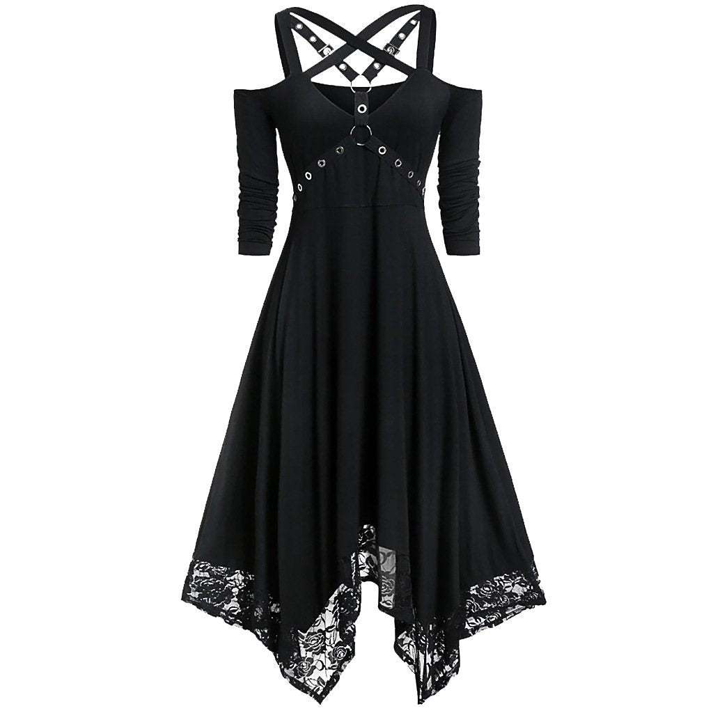 Rivenlace Asymmetric Lace-Trim Dress in black