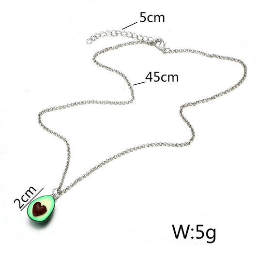 Necklace with avocado-shaped pendant and measurement details on a white background