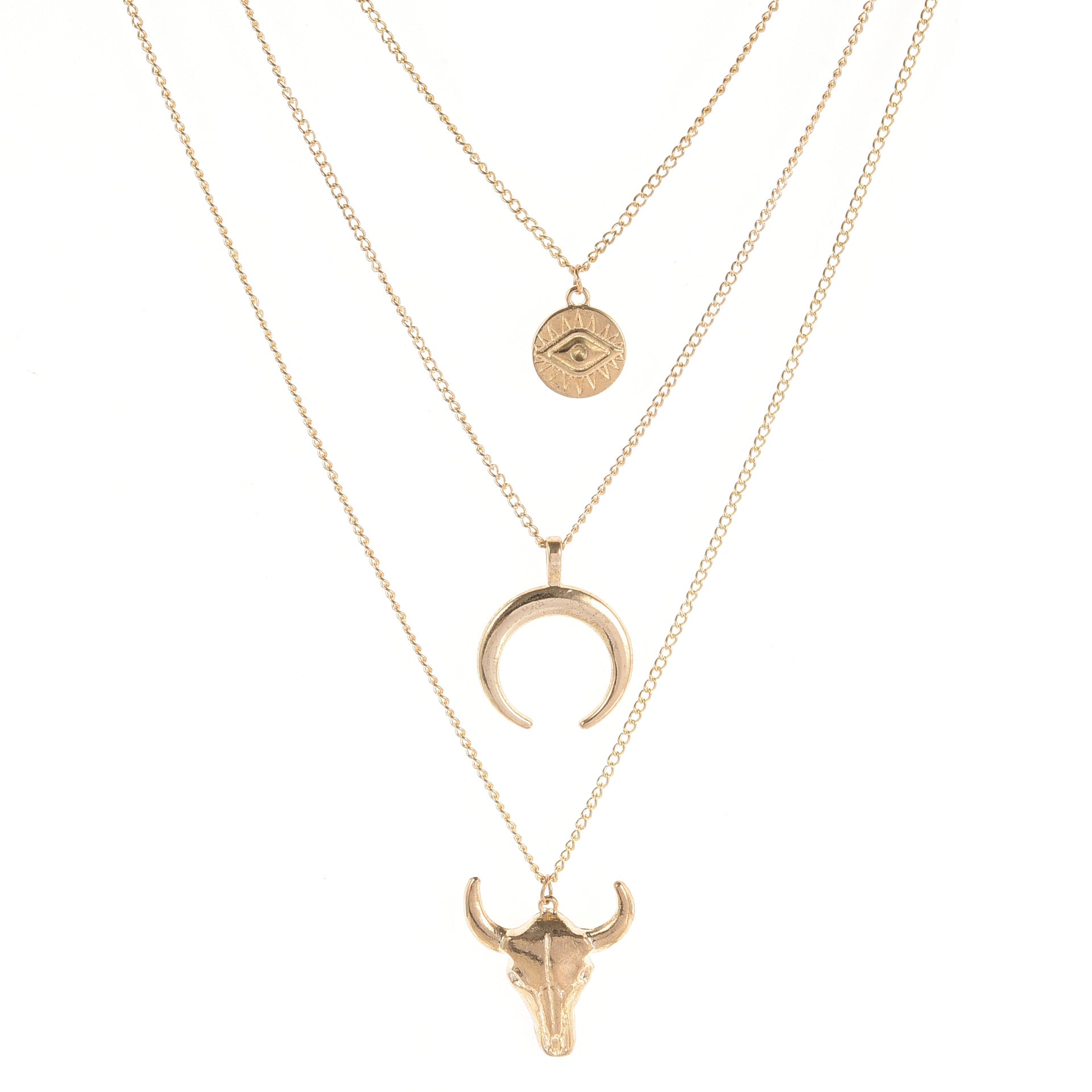 Three gold necklaces with different designs on a white background
