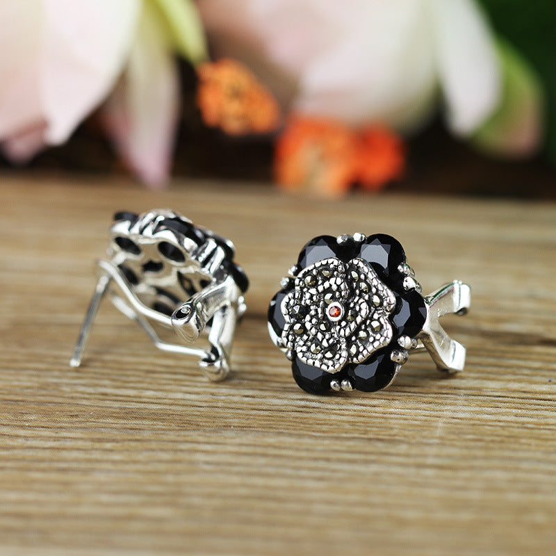 Crimson and Onyx Bloom S925 floral earrings, product view