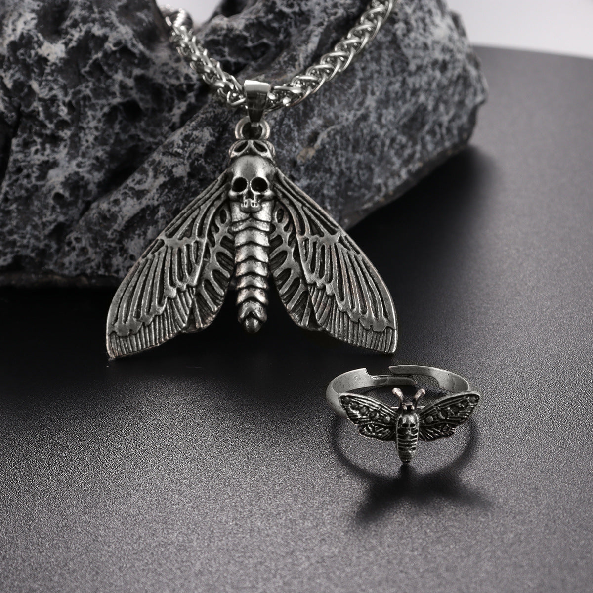 Death's-Head Moth Relic jewelry with skeletal moth motif, product view