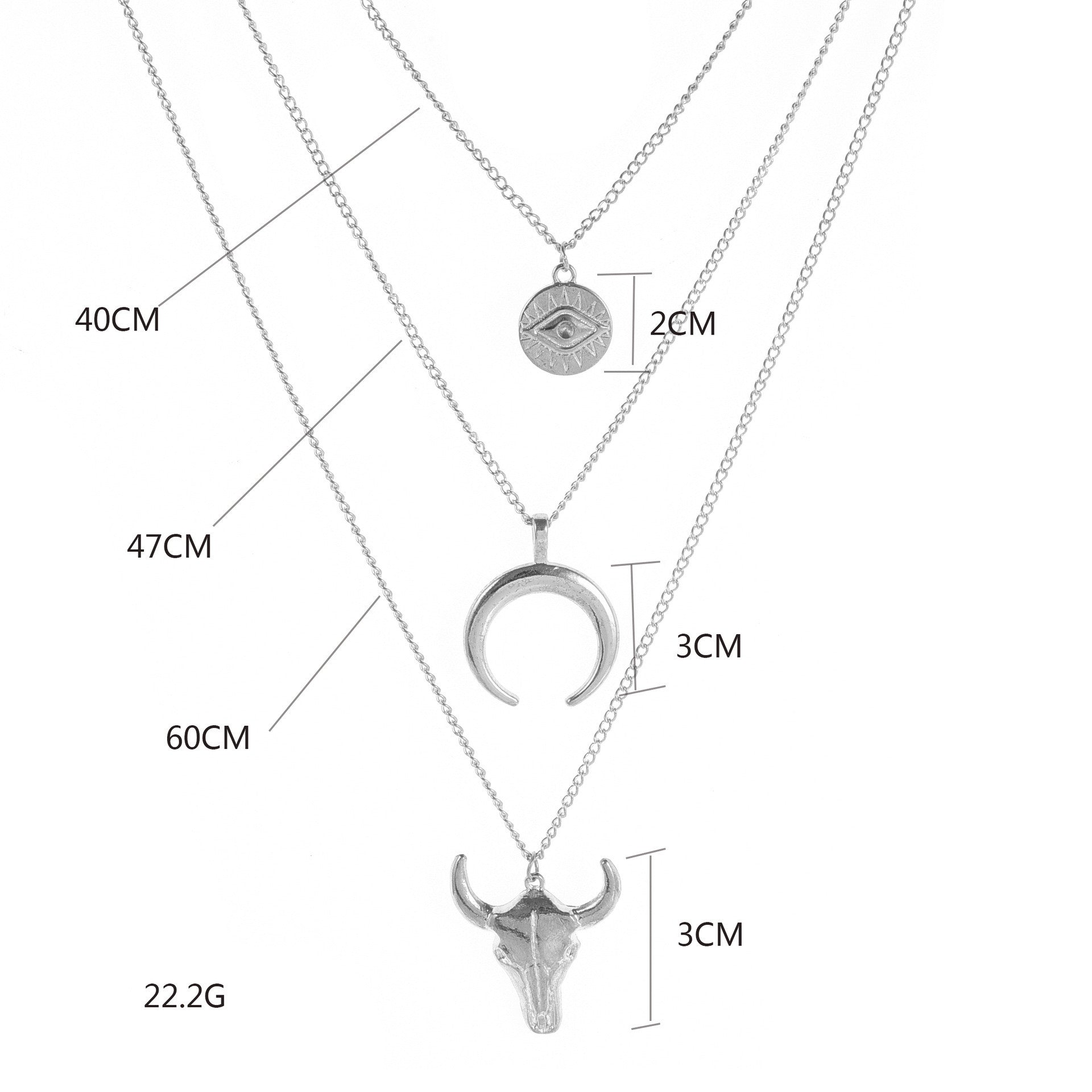 Measurement chart of layered necklaces with various pendants on a white background