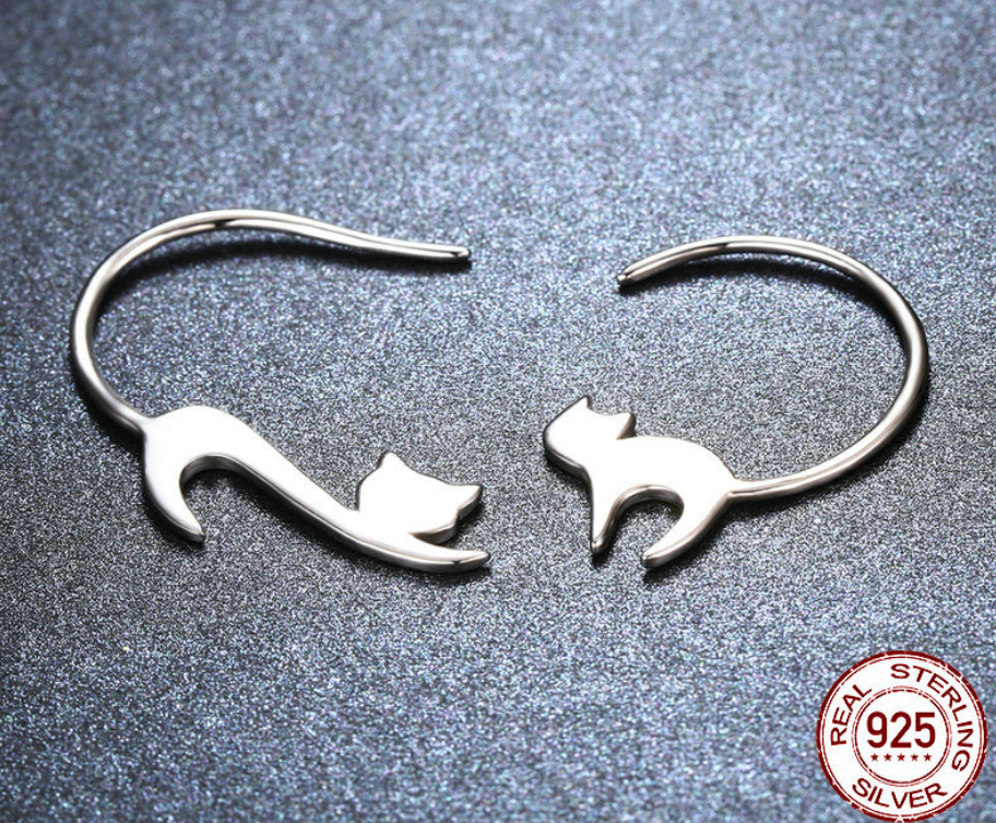 Cat ear stud earrings with dangling chain, alternate product view