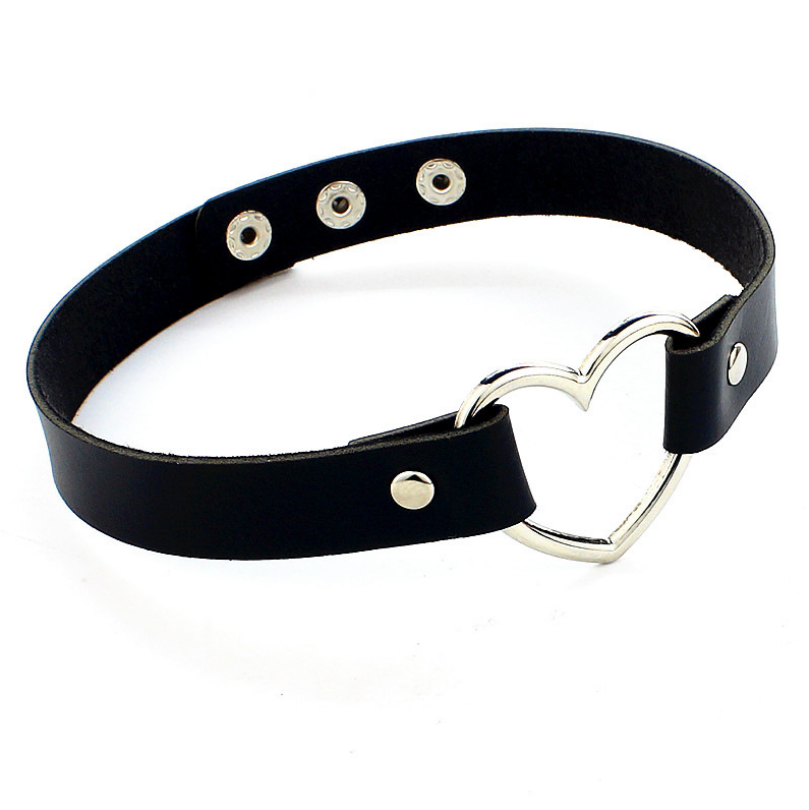 A black faux leather choker collar featuring a polished silver-tone metal heart-shaped center and silver rivets, displayed on a clean white background.