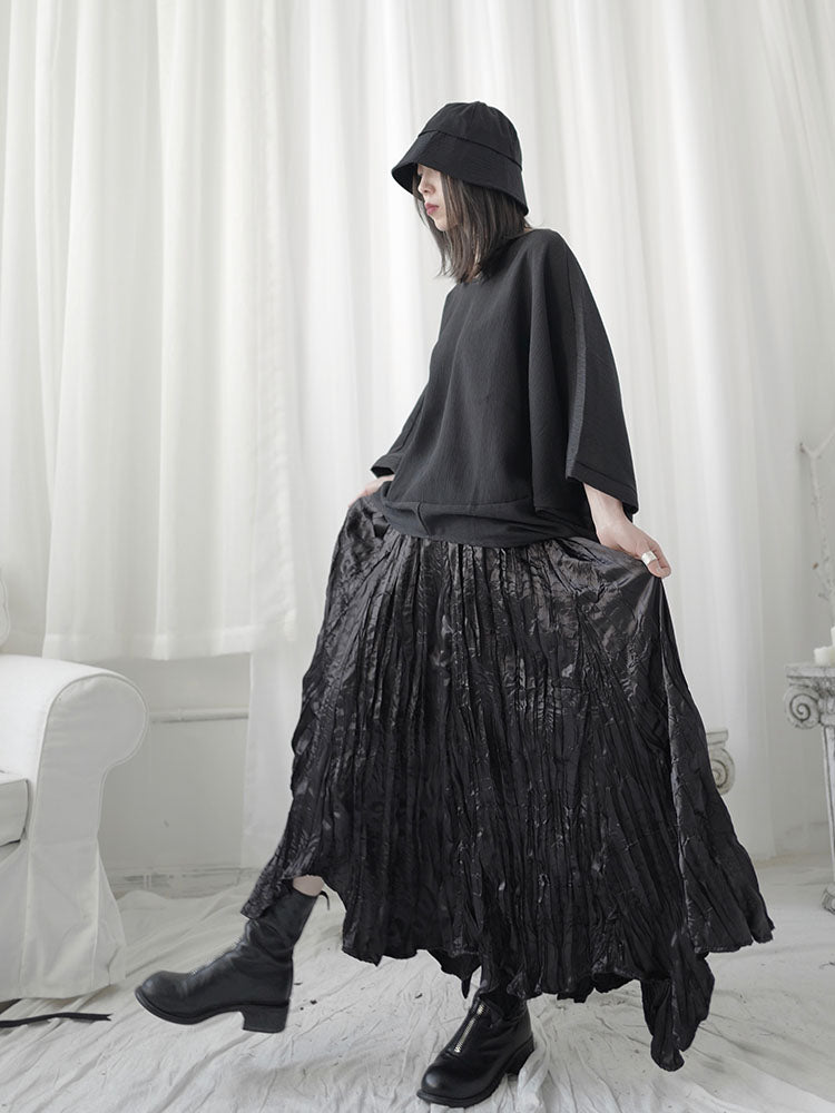Dark Pleated Midi Skirt with High Waist Design