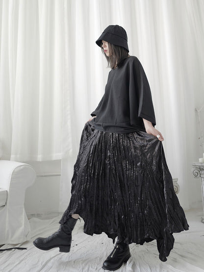 Dark Pleated Midi Skirt with High Waist Design