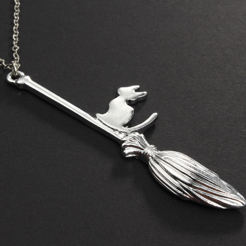 Familiar Flight cat and broom necklace, alternate view