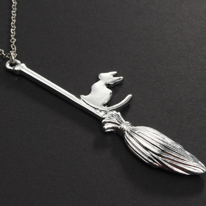 Familiar Flight cat and broom necklace, alternate view