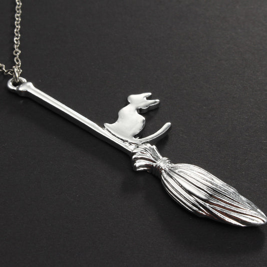 Familiar Flight cat and broom necklace, alternate view