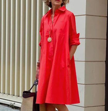 Ashfall Long-Sleeve Shirt Dress in red, styling view
