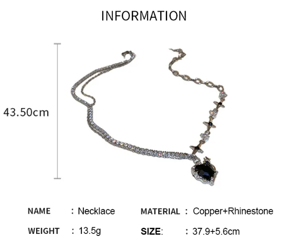 Necklace with pendant on a white background, showing measurements and material details.
