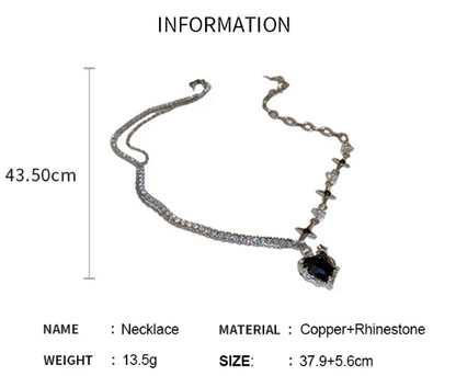 Necklace with pendant on a white background, showing measurements and material details.
