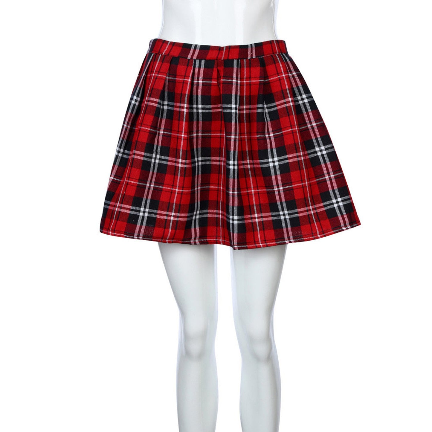 Red plaid skirt on a mannequin with white tights against a white background