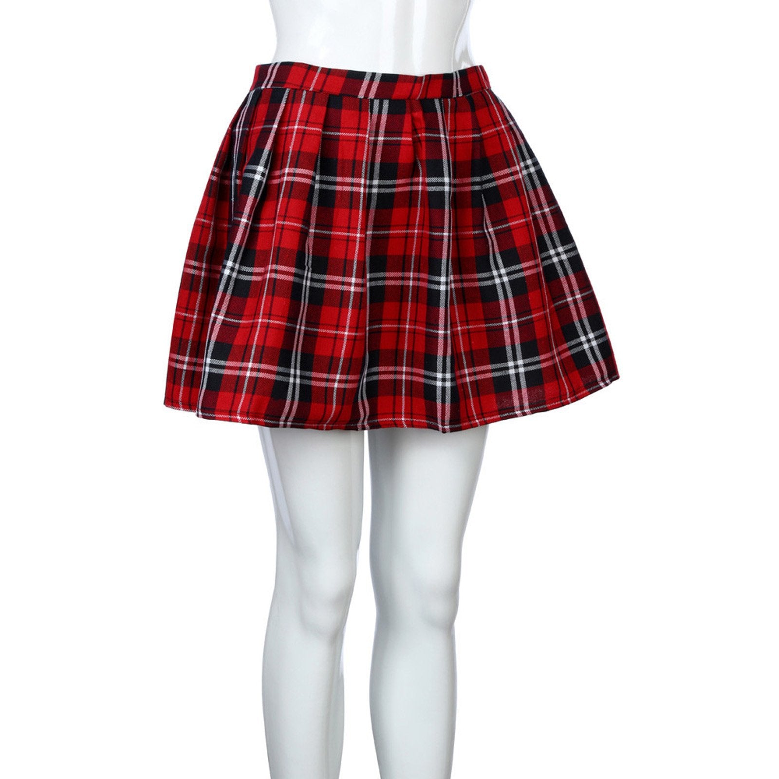 Red plaid skirt on a mannequin with white tights against a white background