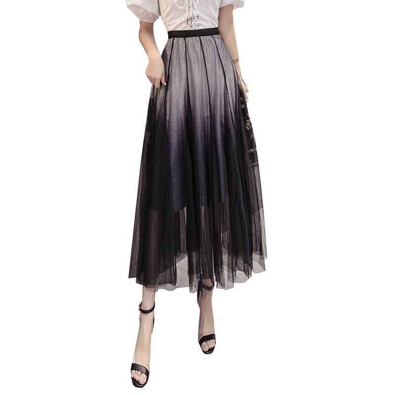 Duskfade Gradient Tulle Midi Skirt in black-grey, alternate front view