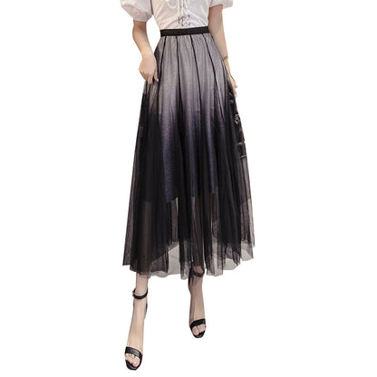 Duskfade Gradient Tulle Midi Skirt in black-grey, alternate front view