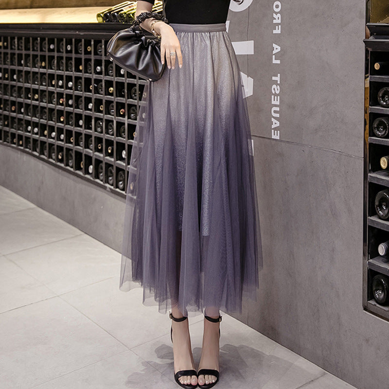 Duskfade Gradient Tulle Midi Skirt in grey-purple, front styling view