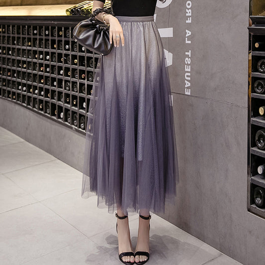 Duskfade Gradient Tulle Midi Skirt in grey-purple, front styling view