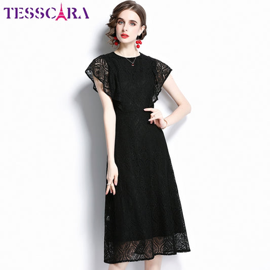 Ebonlace A-Line Dress in black, alternate front view