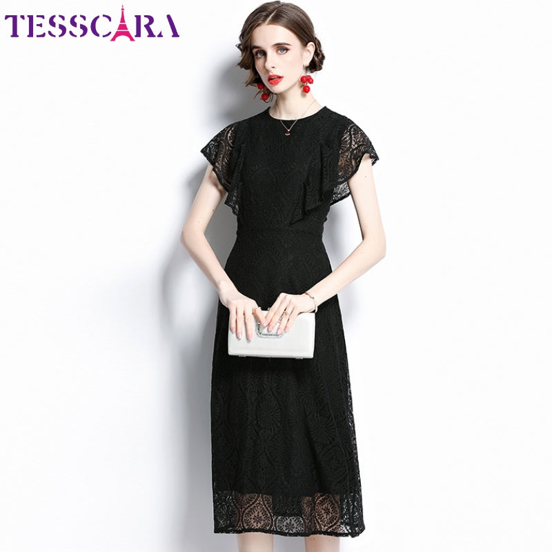 Ebonlace A-Line Dress in black, full styling view