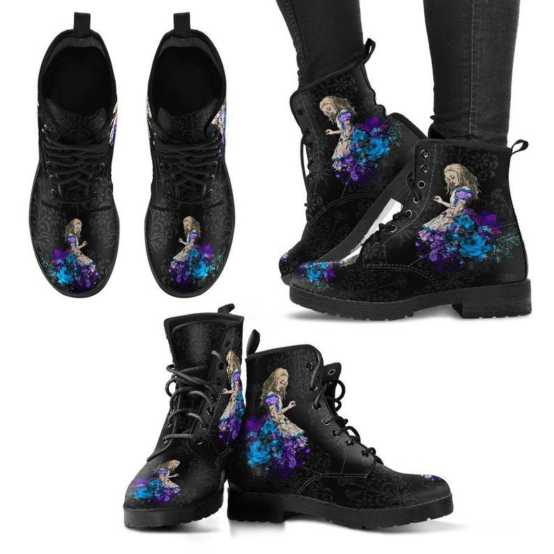 Gallery Print Combat Boots, Purple Orchid Alice design pair view
