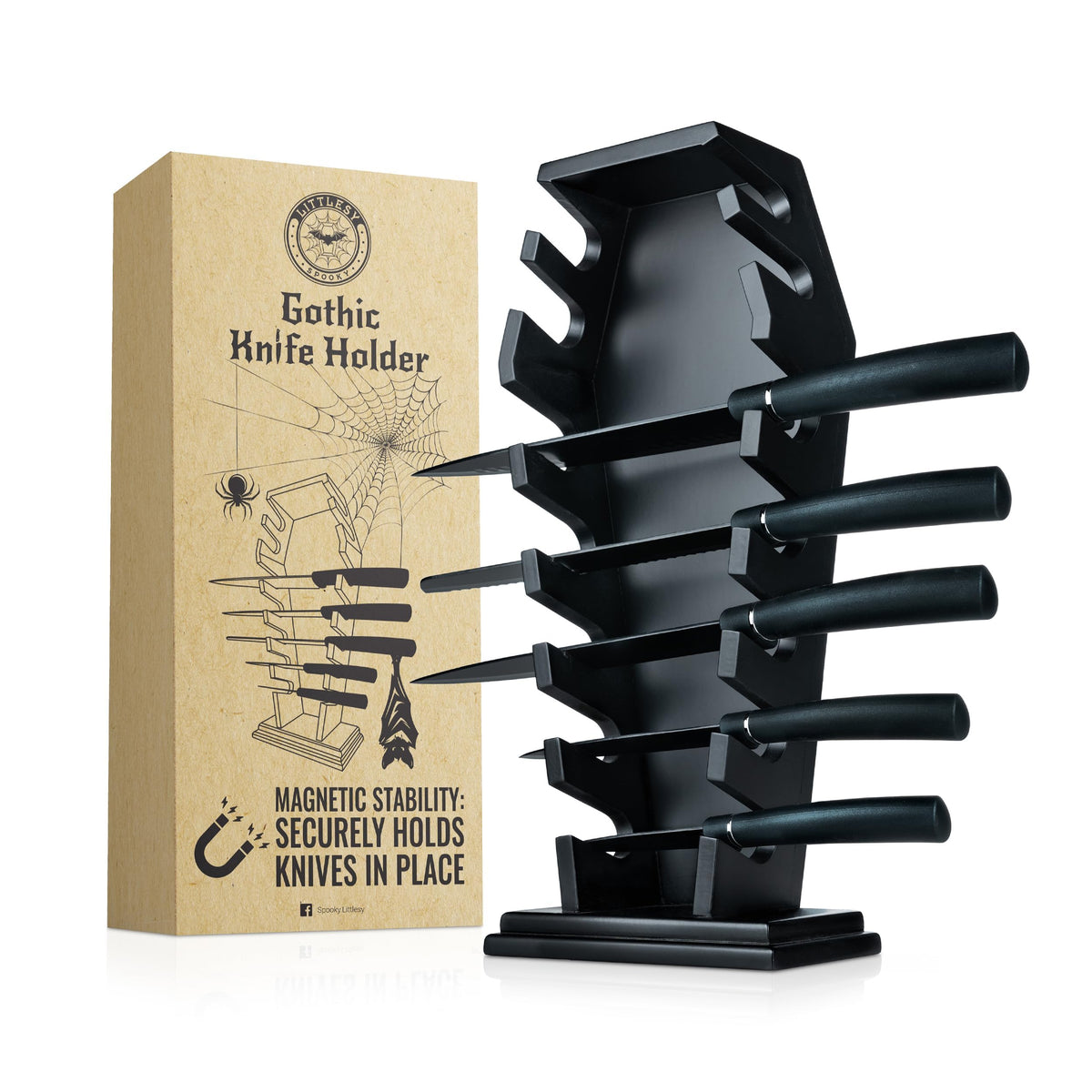 Black knife holder with knives and its packaging on a white background