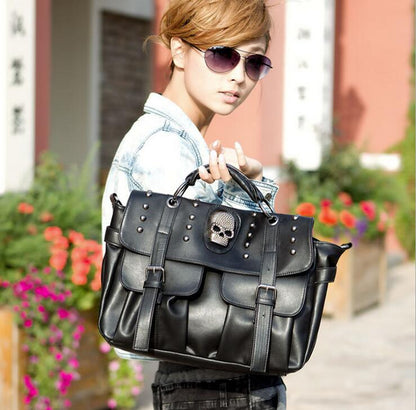 Graveprint Skull Tote Bag in black, skull-detail styling view