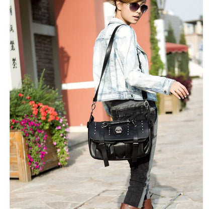 Graveprint Skull Tote Bag in black, outdoor styling view