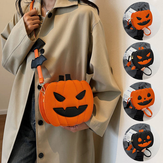 A person wearing a beige trench coat holds a small pumpkin-shaped crossbody bag with an orange and black jack-o'-lantern face. The photo includes four circular inset views on the right showing the bag in orange and black color variations.