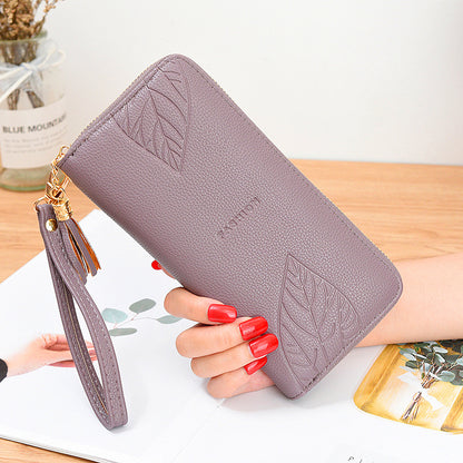 Herbarium Leaf-Pattern Long Wallet in purple, side view