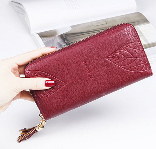 Herbarium Leaf-Pattern Long Wallet in red, front view