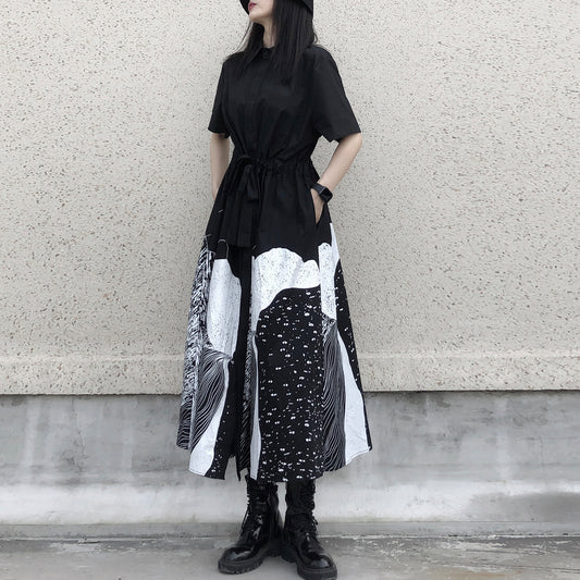 Inkfall Abstract Print Shirt Dress in black, styling view