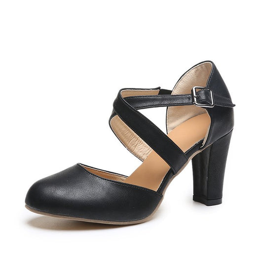 Ironveil Chunky-Heel Buckle Sandals in black, front view