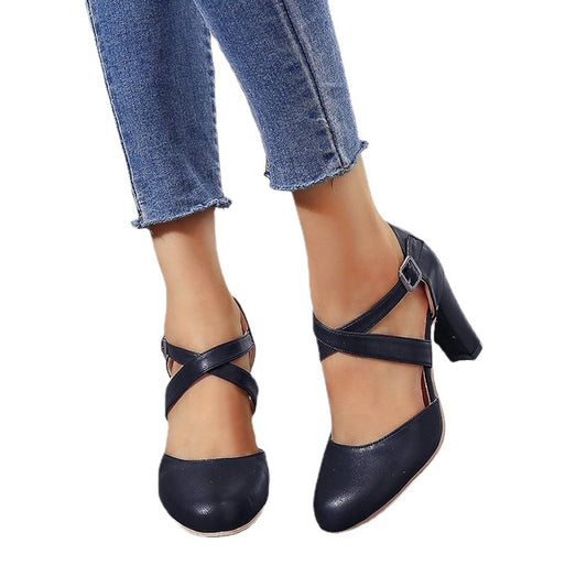 Ironveil Chunky-Heel Buckle Sandals in navy, styling view