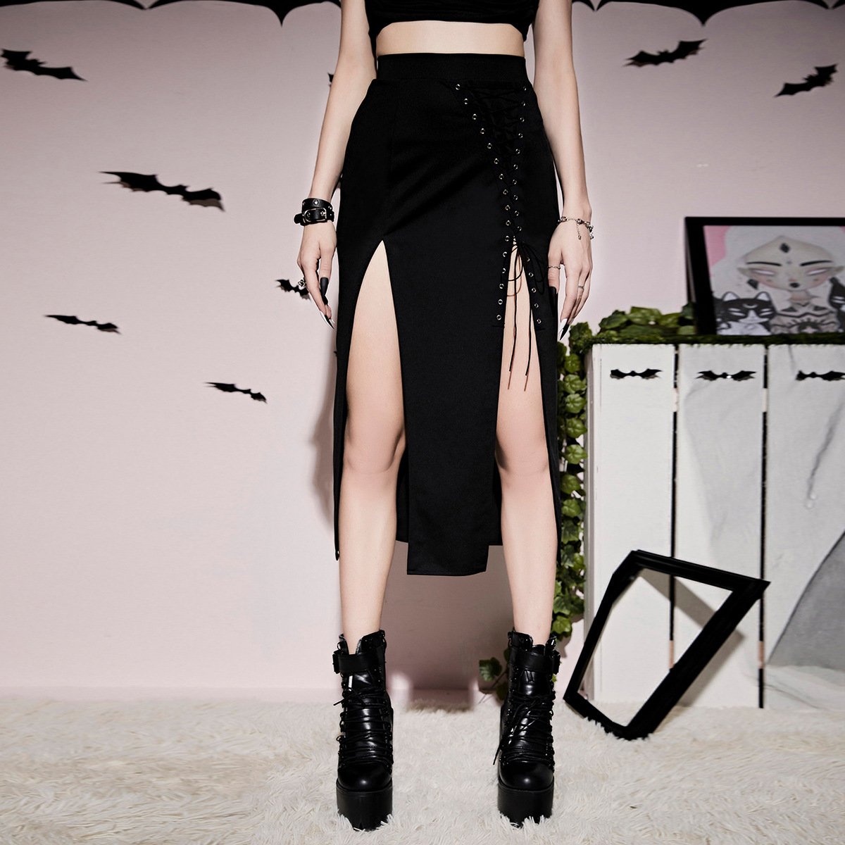 Lacedrift High-Slit Skirt in black, product view 2