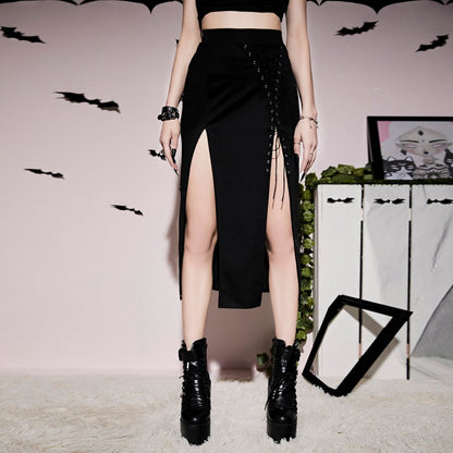 Lacedrift High-Slit Skirt in black, product view 2