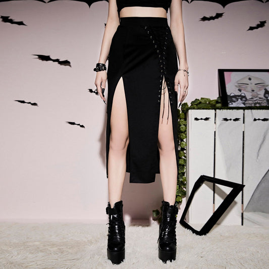 Lacedrift High-Slit Skirt in black, product view 2