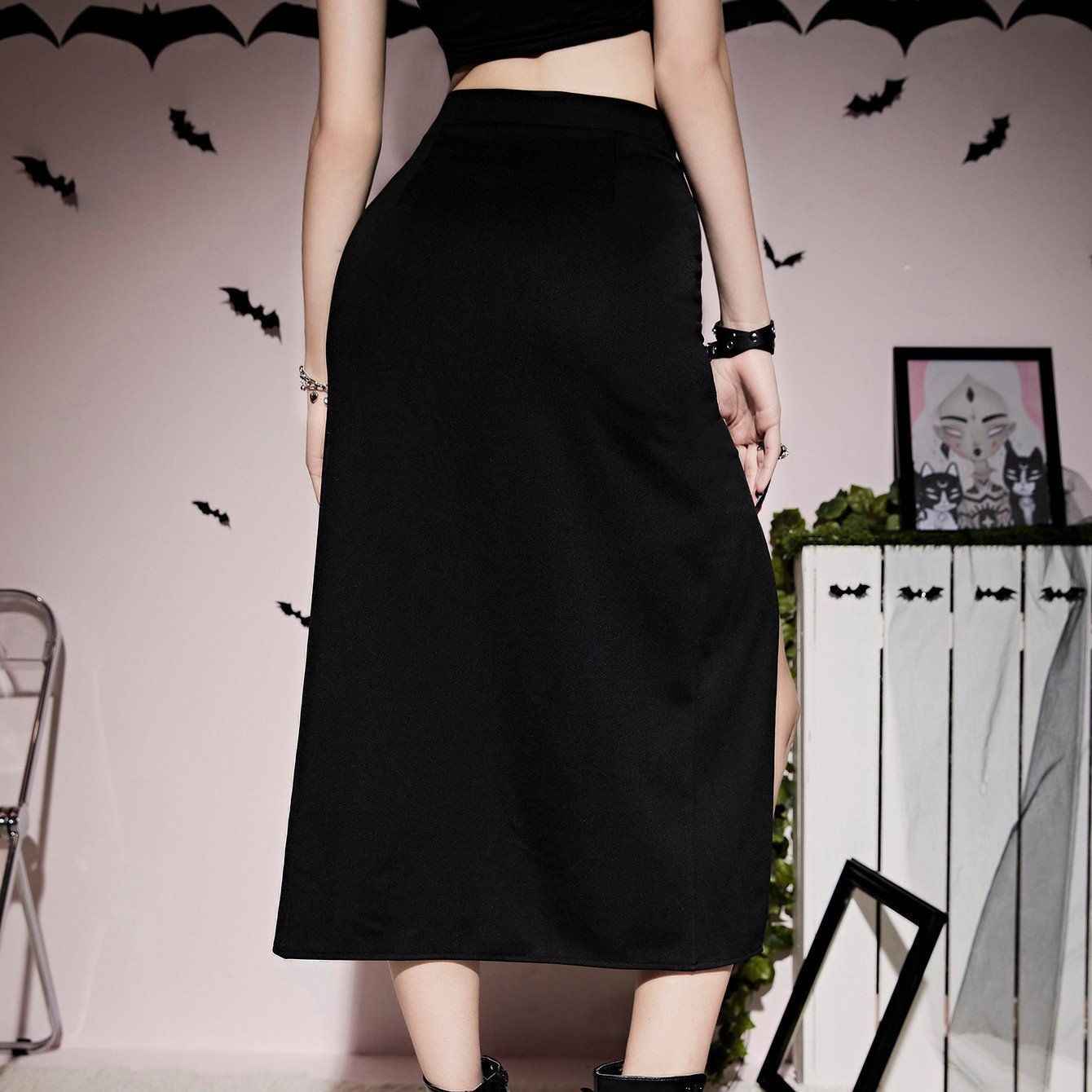 Lacedrift High-Slit Skirt in black, product view 4