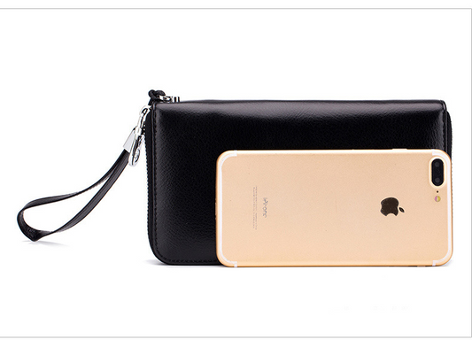 Ledger Long Zip Leather Wallet in black, size comparison view