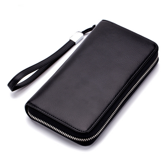 Ledger Long Zip Leather Wallet in black, front product view