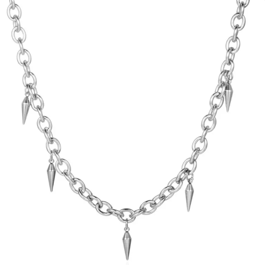 Silver chain necklace with spike-like pendants on a white background
