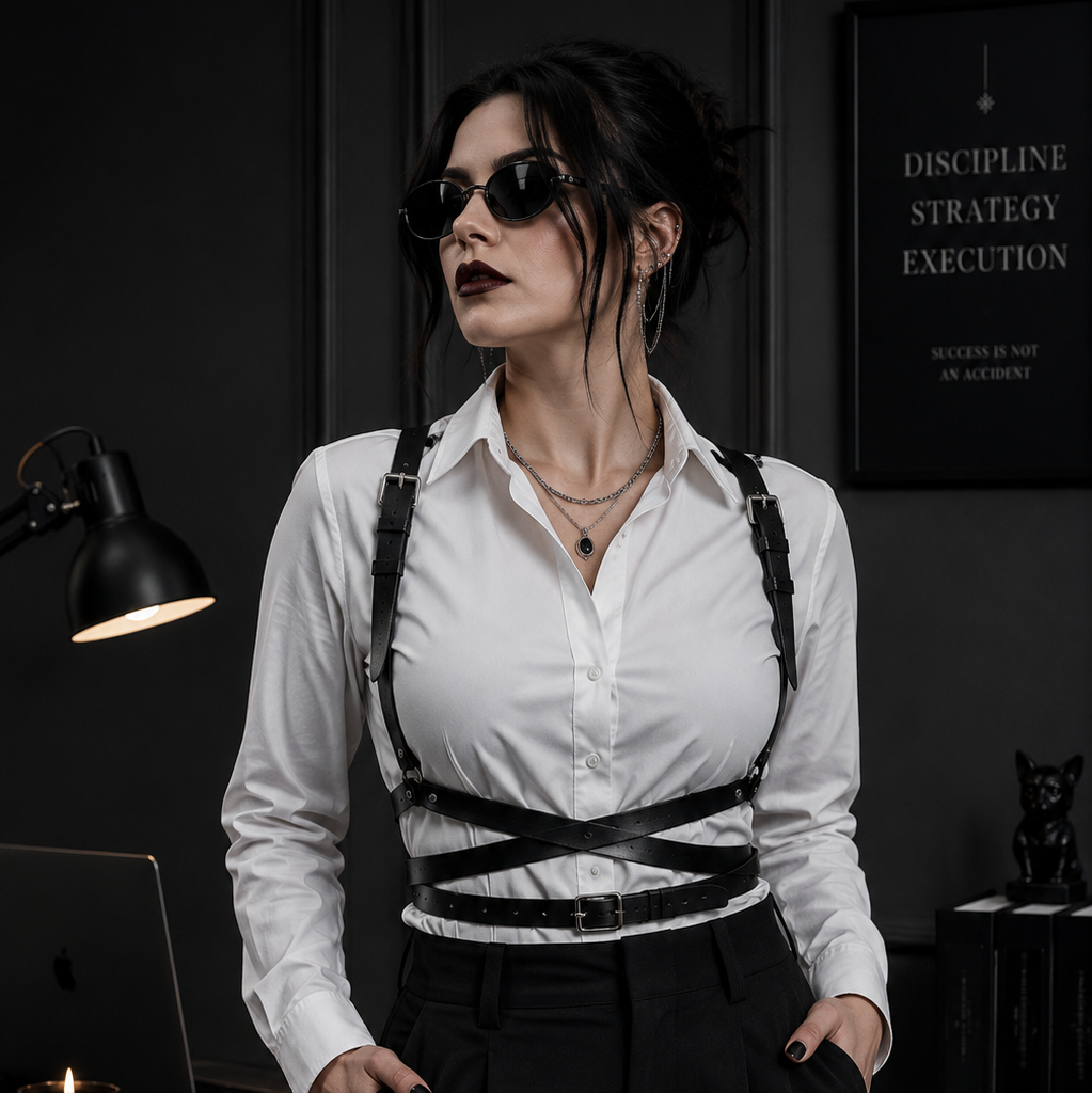 Nightframe Harness Belt in black, styled over a white shirt