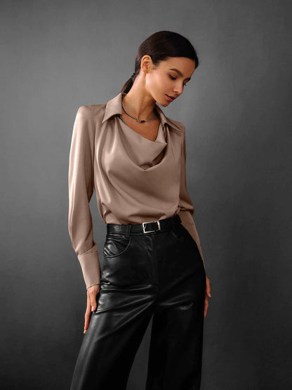Calyx Draped-Collar Long-Sleeve Blouse